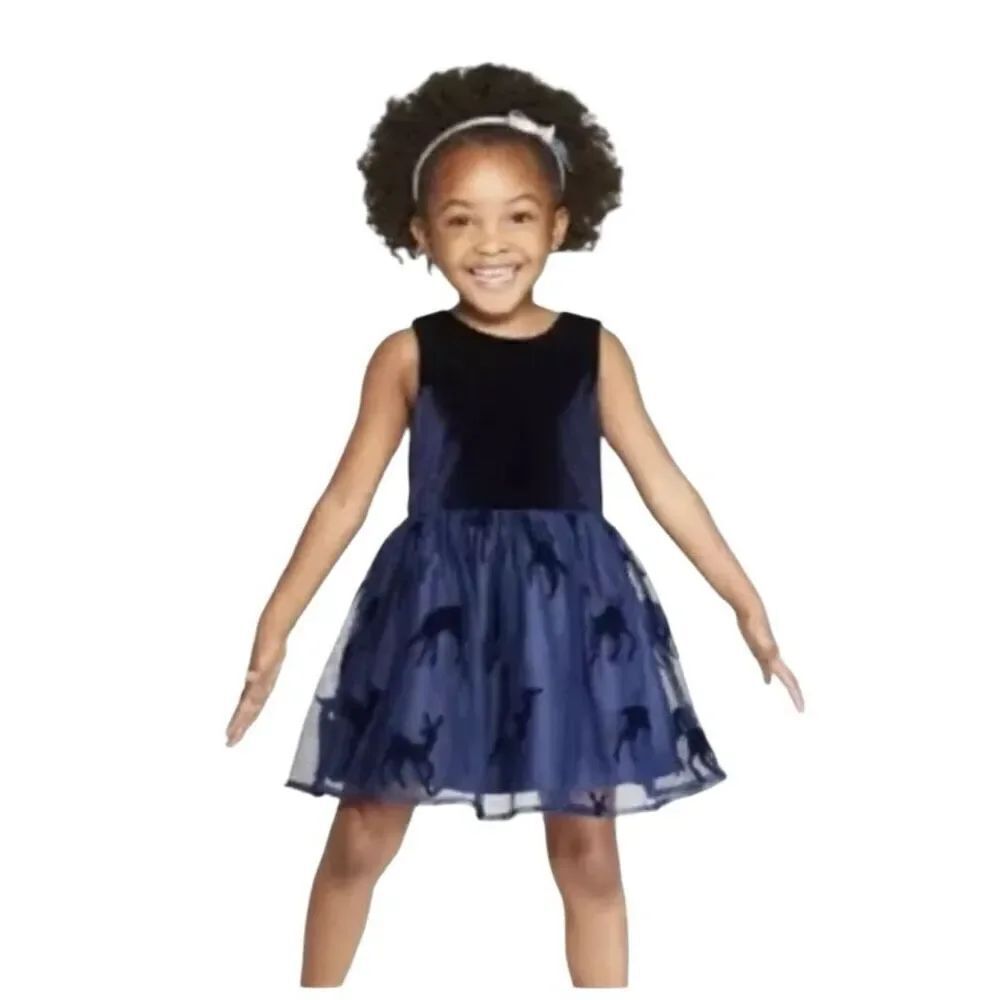 Toddler Girls Cat & Jack Navy Velvet Tulle Deer Sleeveless Winter Dress - Sz 2T